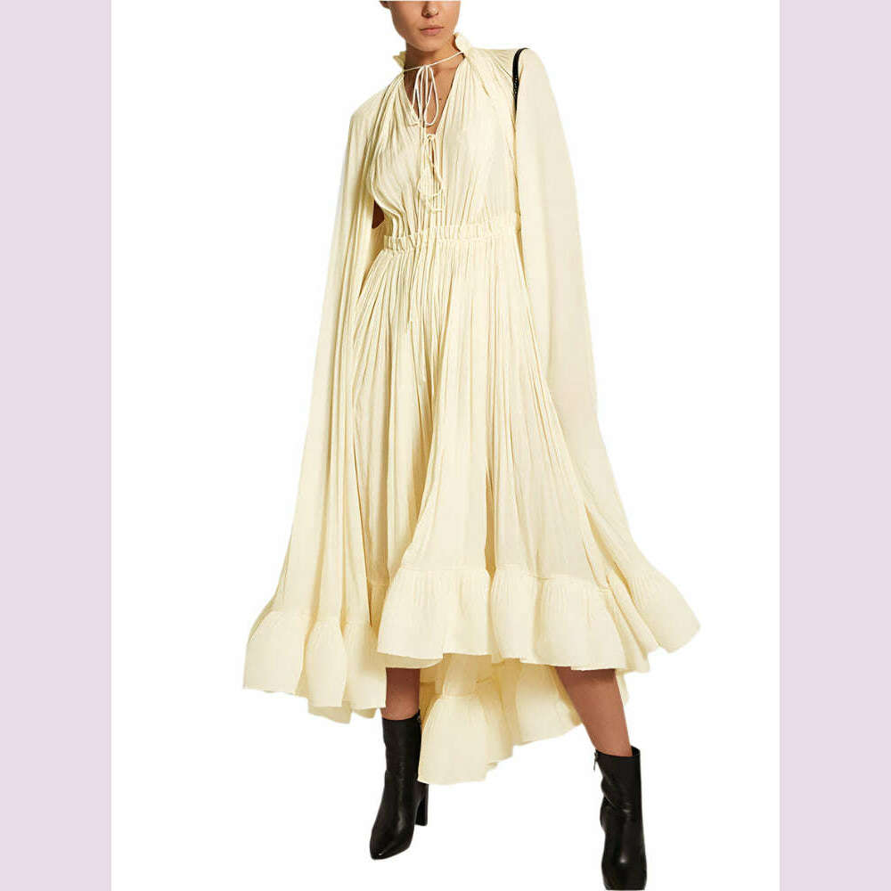 TWOTWINSTYLE Elegant Solid Dresses For Women V Neck Cloak Sleeves High Waist Spliced Lace Up Ruffles Pleated Dress Female Summer