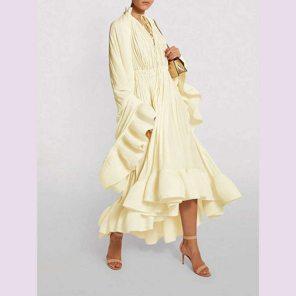 TWOTWINSTYLE Elegant Solid Dresses For Women V Neck Cloak Sleeves High Waist Spliced Lace Up Ruffles Pleated Dress Female Summer
