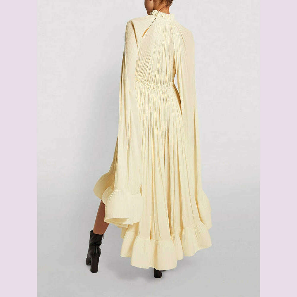 TWOTWINSTYLE Elegant Solid Dresses For Women V Neck Cloak Sleeves High Waist Spliced Lace Up Ruffles Pleated Dress Female Summer
