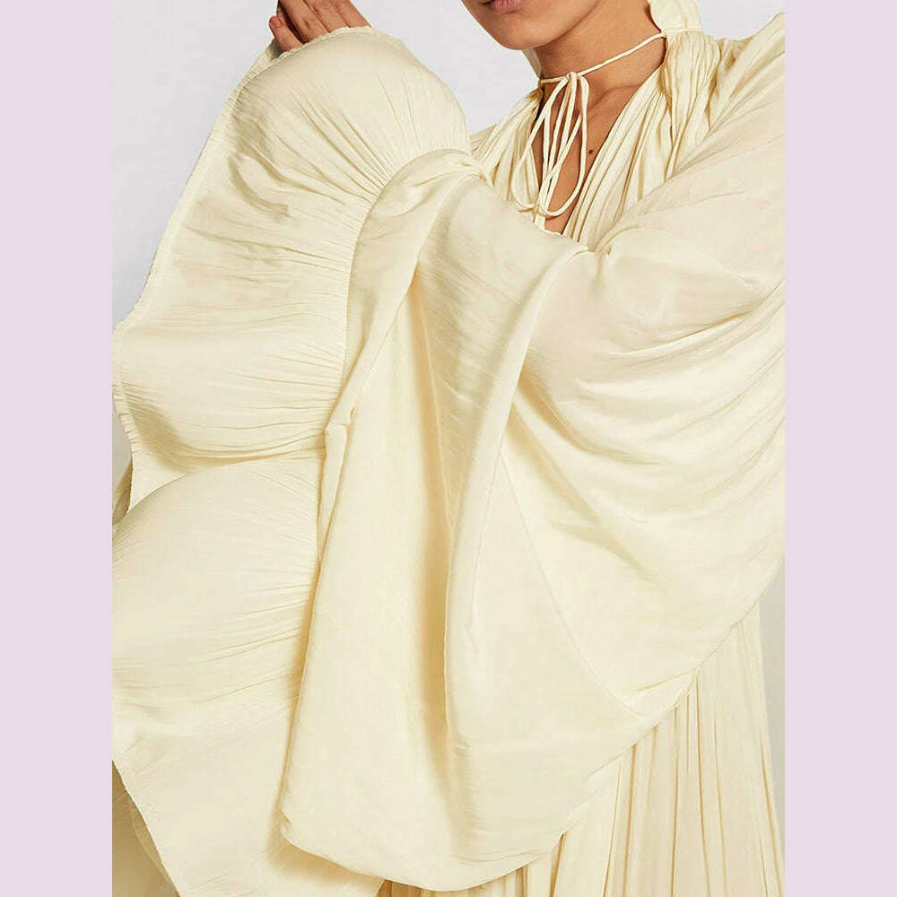 TWOTWINSTYLE Elegant Solid Dresses For Women V Neck Cloak Sleeves High Waist Spliced Lace Up Ruffles Pleated Dress Female Summer