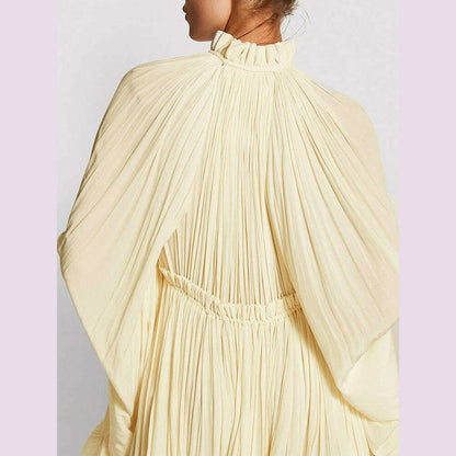 TWOTWINSTYLE Elegant Solid Dresses For Women V Neck Cloak Sleeves High Waist Spliced Lace Up Ruffles Pleated Dress Female Summer