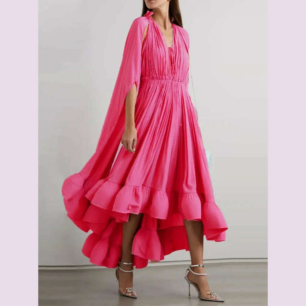 TWOTWINSTYLE Elegant Solid Dresses For Women V Neck Cloak Sleeves High Waist Spliced Lace Up Ruffles Pleated Dress Female Summer