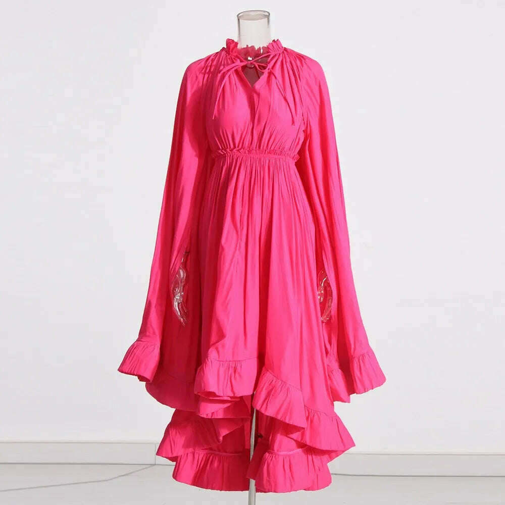 TWOTWINSTYLE Elegant Solid Dresses For Women V Neck Cloak Sleeves High Waist Spliced Lace Up Ruffles Pleated Dress Female Summer