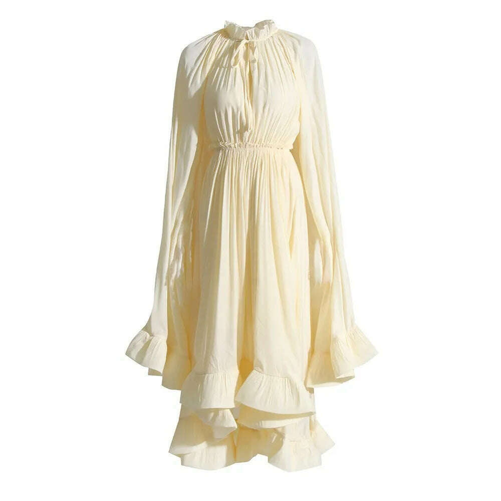 TWOTWINSTYLE Elegant Solid Dresses For Women V Neck Cloak Sleeves High Waist Spliced Lace Up Ruffles Pleated Dress Female Summer