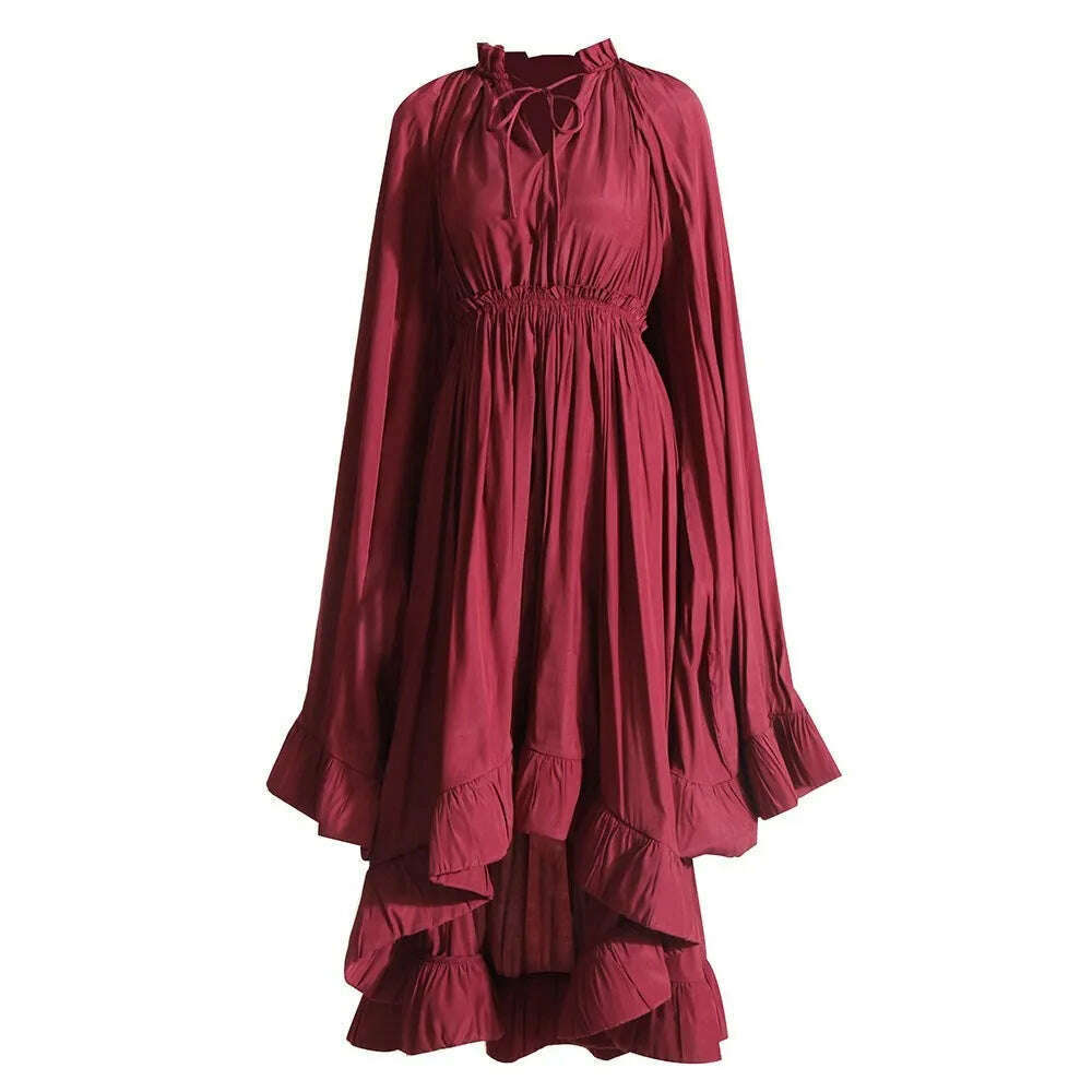 TWOTWINSTYLE Elegant Solid Dresses For Women V Neck Cloak Sleeves High Waist Spliced Lace Up Ruffles Pleated Dress Female Summer