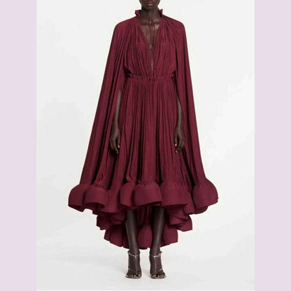 TWOTWINSTYLE Elegant Solid Dresses For Women V Neck Cloak Sleeves High Waist Spliced Lace Up Ruffles Pleated Dress Female Summer