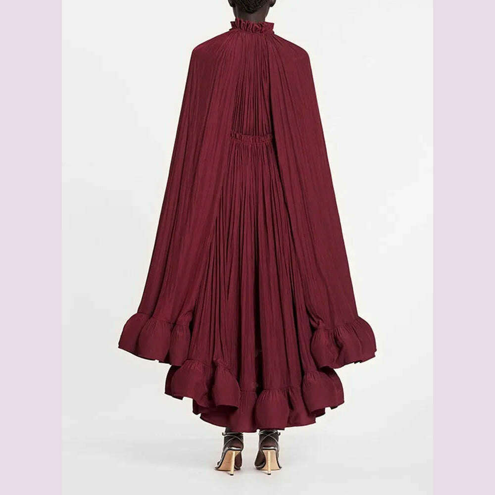 TWOTWINSTYLE Elegant Solid Dresses For Women V Neck Cloak Sleeves High Waist Spliced Lace Up Ruffles Pleated Dress Female Summer