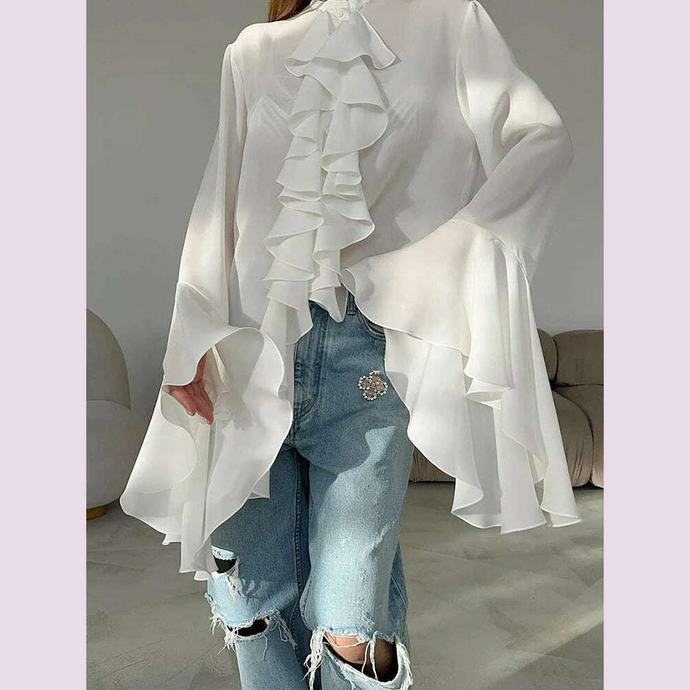 TWOTWINSTYLE Irregular Designer Shirt For Women Round Neck Flare Sleeve Spliced Ruffles Temperament Blouse Female Fashion Style