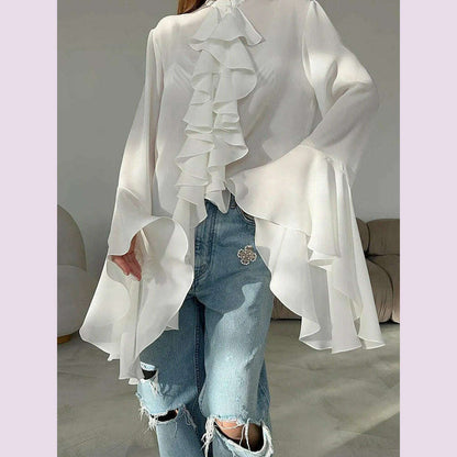 TWOTWINSTYLE Irregular Designer Shirt For Women Round Neck Flare Sleeve Spliced Ruffles Temperament Blouse Female Fashion Style