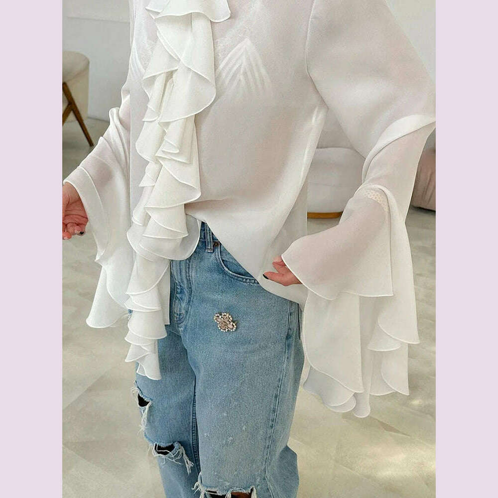 TWOTWINSTYLE Irregular Designer Shirt For Women Round Neck Flare Sleeve Spliced Ruffles Temperament Blouse Female Fashion Style
