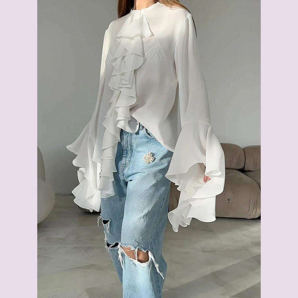 TWOTWINSTYLE Irregular Designer Shirt For Women Round Neck Flare Sleeve Spliced Ruffles Temperament Blouse Female Fashion Style