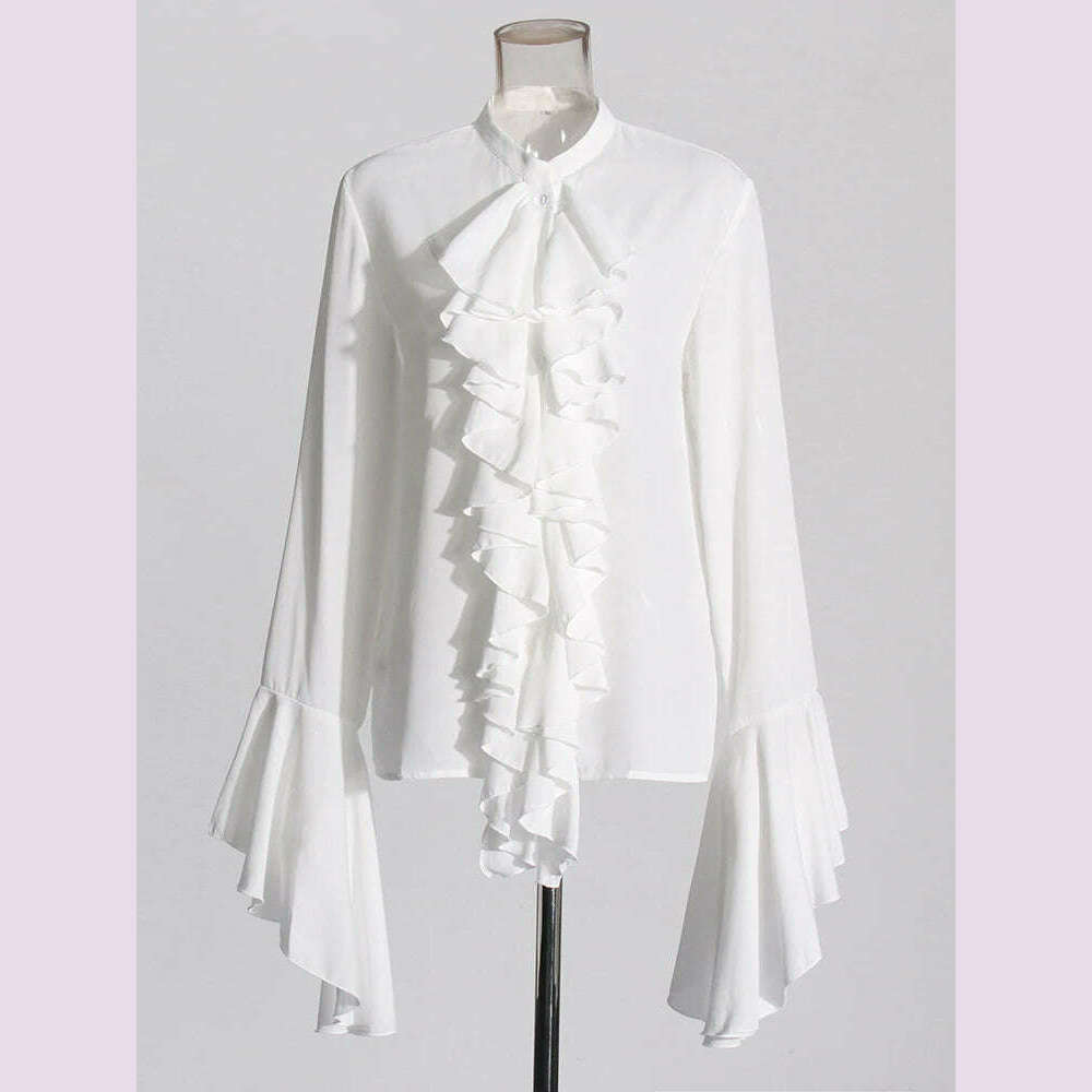 TWOTWINSTYLE Irregular Designer Shirt For Women Round Neck Flare Sleeve Spliced Ruffles Temperament Blouse Female Fashion Style