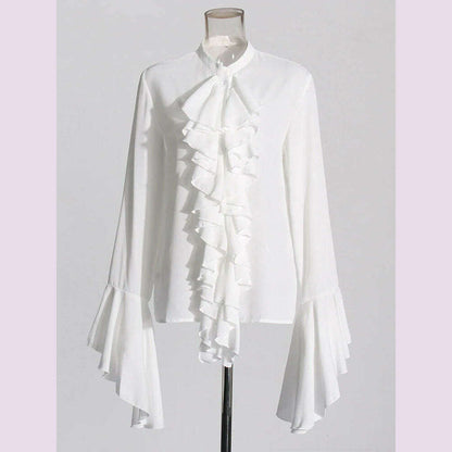 TWOTWINSTYLE Irregular Designer Shirt For Women Round Neck Flare Sleeve Spliced Ruffles Temperament Blouse Female Fashion Style