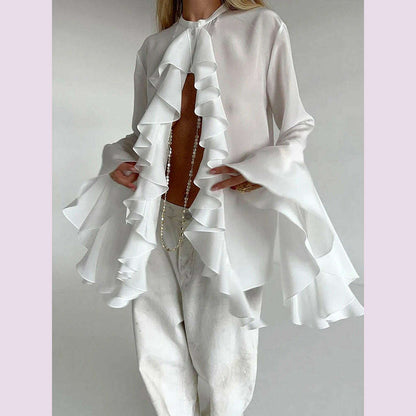 TWOTWINSTYLE Irregular Designer Shirt For Women Round Neck Flare Sleeve Spliced Ruffles Temperament Blouse Female Fashion Style