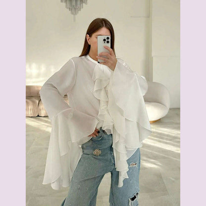 TWOTWINSTYLE Irregular Designer Shirt For Women Round Neck Flare Sleeve Spliced Ruffles Temperament Blouse Female Fashion Style