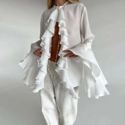 TWOTWINSTYLE Irregular Designer Shirt For Women Round Neck Flare Sleeve Spliced Ruffles Temperament Blouse Female Fashion Style