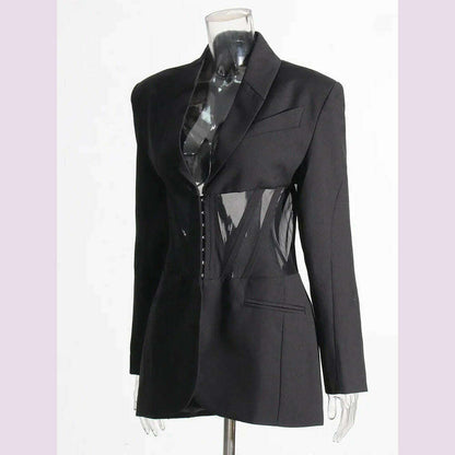 TWOTWINSTYLE Patchwork Sheer Mesh Sexy Blazers For Women Notched Collar Long Sleeve Spliced Pocket Female Fashion Clothing New