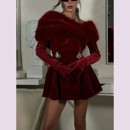 TWOTWINSTYLE Solid Patchwork Diamonds Designer Dresses For Women Round Neck Splicing Gloves High Waist Mini Chic Dress Female