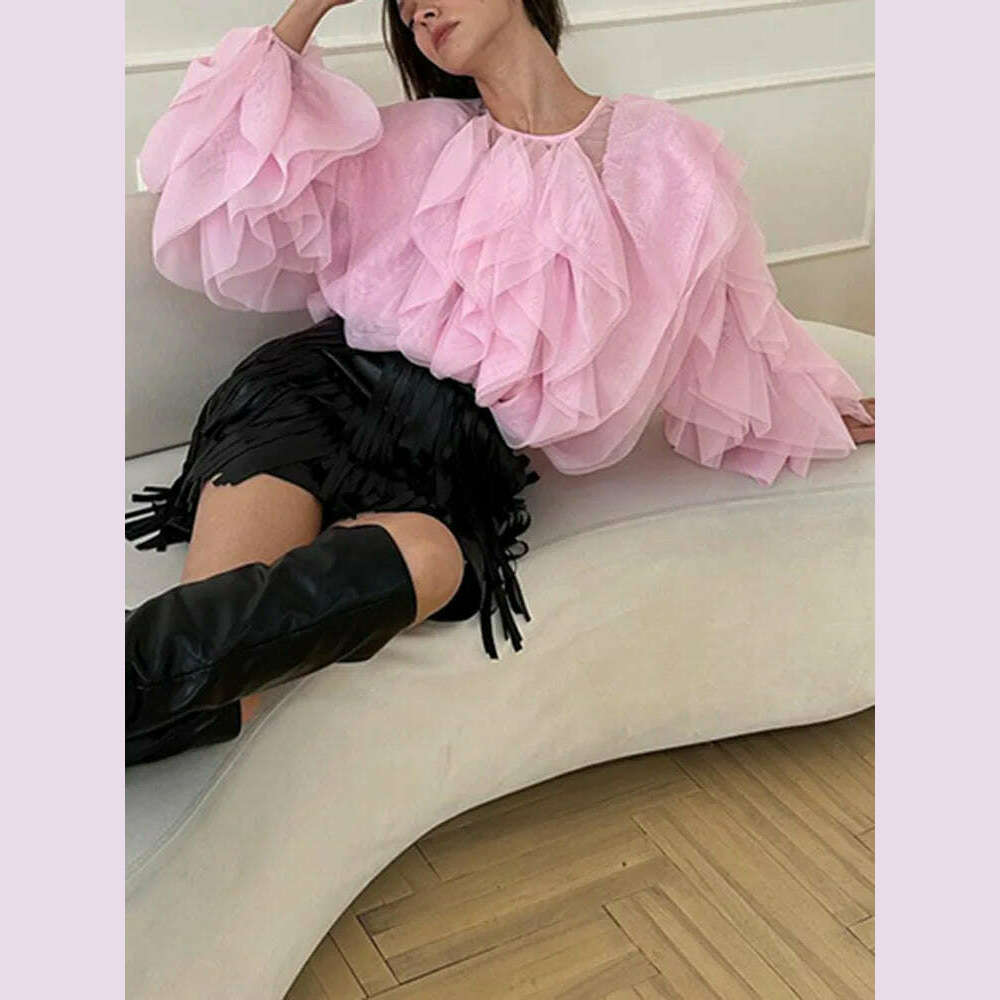 TWOTWINSTYLE Solid Patchwork Folds Shirts For Women Round Neck Lantern Sleeve Spliced Lace Up Minimalist Blouse Female Fashion
