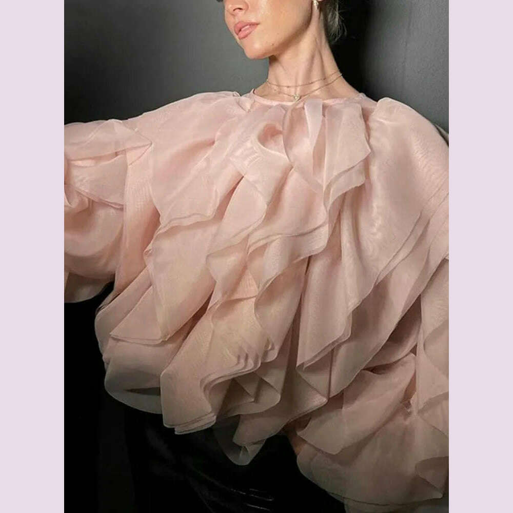 TWOTWINSTYLE Solid Patchwork Folds Shirts For Women Round Neck Lantern Sleeve Spliced Lace Up Minimalist Blouse Female Fashion