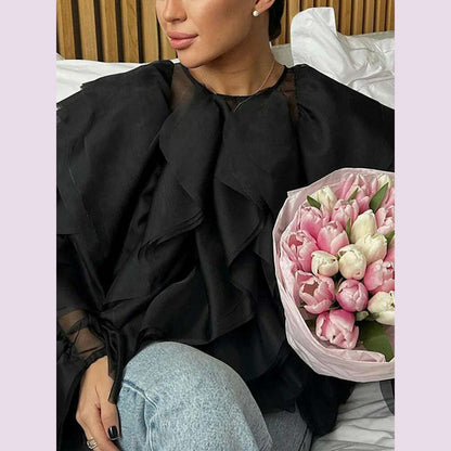 TWOTWINSTYLE Solid Patchwork Folds Shirts For Women Round Neck Lantern Sleeve Spliced Lace Up Minimalist Blouse Female Fashion