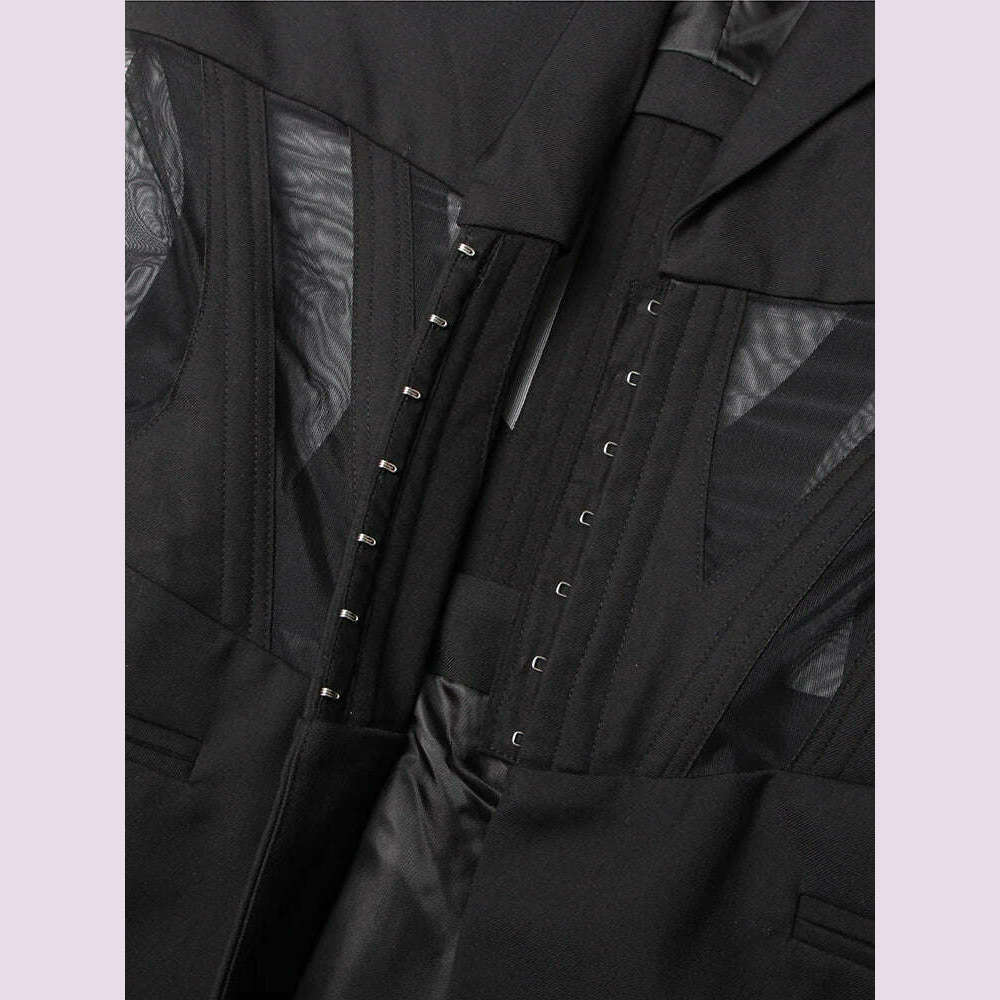 TWOTWINSTYLE Solid Patchwork Mesh Slim Blazer For Women Notched Collar Long Sleeve Tunic Spliced Pocket Sexy Blazers Female New