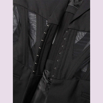 TWOTWINSTYLE Solid Patchwork Mesh Slim Blazer For Women Notched Collar Long Sleeve Tunic Spliced Pocket Sexy Blazers Female New