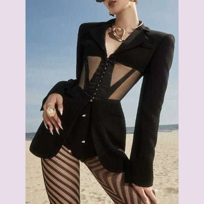 TWOTWINSTYLE Solid Patchwork Mesh Slim Blazer For Women Notched Collar Long Sleeve Tunic Spliced Pocket Sexy Blazers Female New
