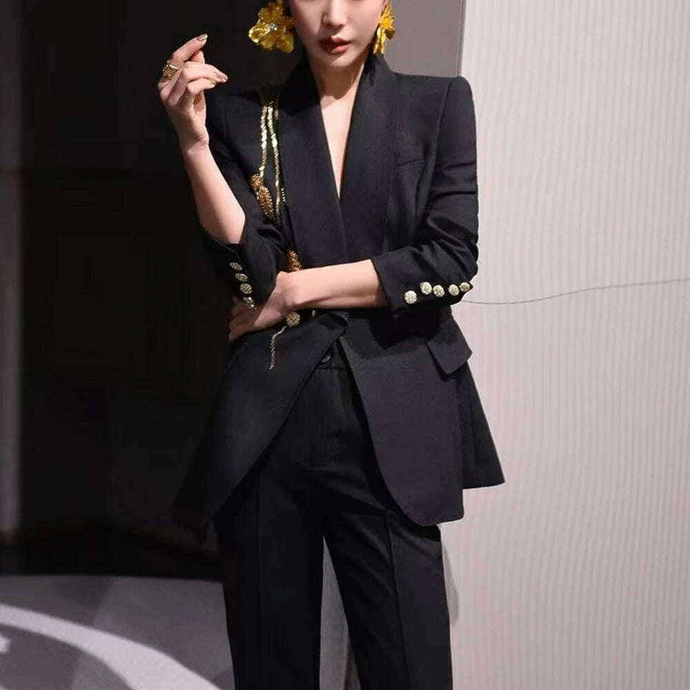 TWOTWINSTYLE Solid Slimming Spliced Bead Elegant Blazer for Women Lapel Long Sleeves Patchwork Buttons Coat Female Clothing New