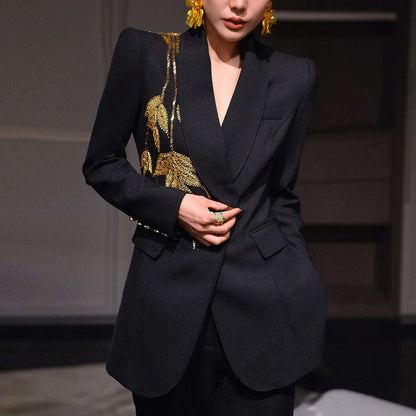TWOTWINSTYLE Solid Slimming Spliced Bead Elegant Blazer for Women Lapel Long Sleeves Patchwork Buttons Coat Female Clothing New
