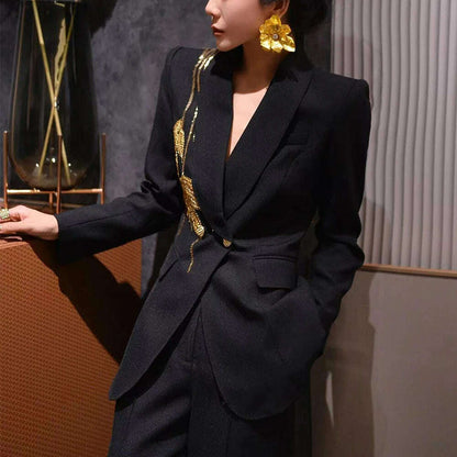 TWOTWINSTYLE Solid Slimming Spliced Bead Elegant Blazer for Women Lapel Long Sleeves Patchwork Buttons Coat Female Clothing New