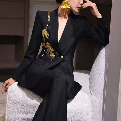 TWOTWINSTYLE Solid Slimming Spliced Bead Elegant Blazer for Women Lapel Long Sleeves Patchwork Buttons Coat Female Clothing New