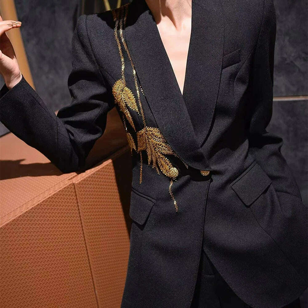 TWOTWINSTYLE Solid Slimming Spliced Bead Elegant Blazer for Women Lapel Long Sleeves Patchwork Buttons Coat Female Clothing New