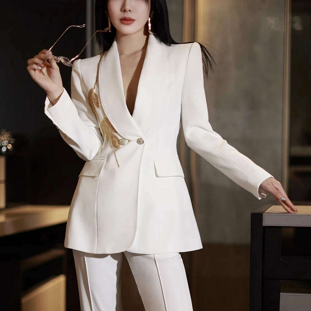 TWOTWINSTYLE Solid Slimming Spliced Bead Elegant Blazer for Women Lapel Long Sleeves Patchwork Buttons Coat Female Clothing New