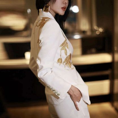 TWOTWINSTYLE Solid Slimming Spliced Bead Elegant Blazer for Women Lapel Long Sleeves Patchwork Buttons Coat Female Clothing New