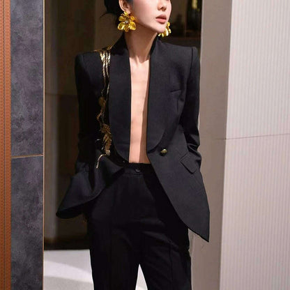 TWOTWINSTYLE Solid Slimming Spliced Bead Elegant Blazer for Women Lapel Long Sleeves Patchwork Buttons Coat Female Clothing New