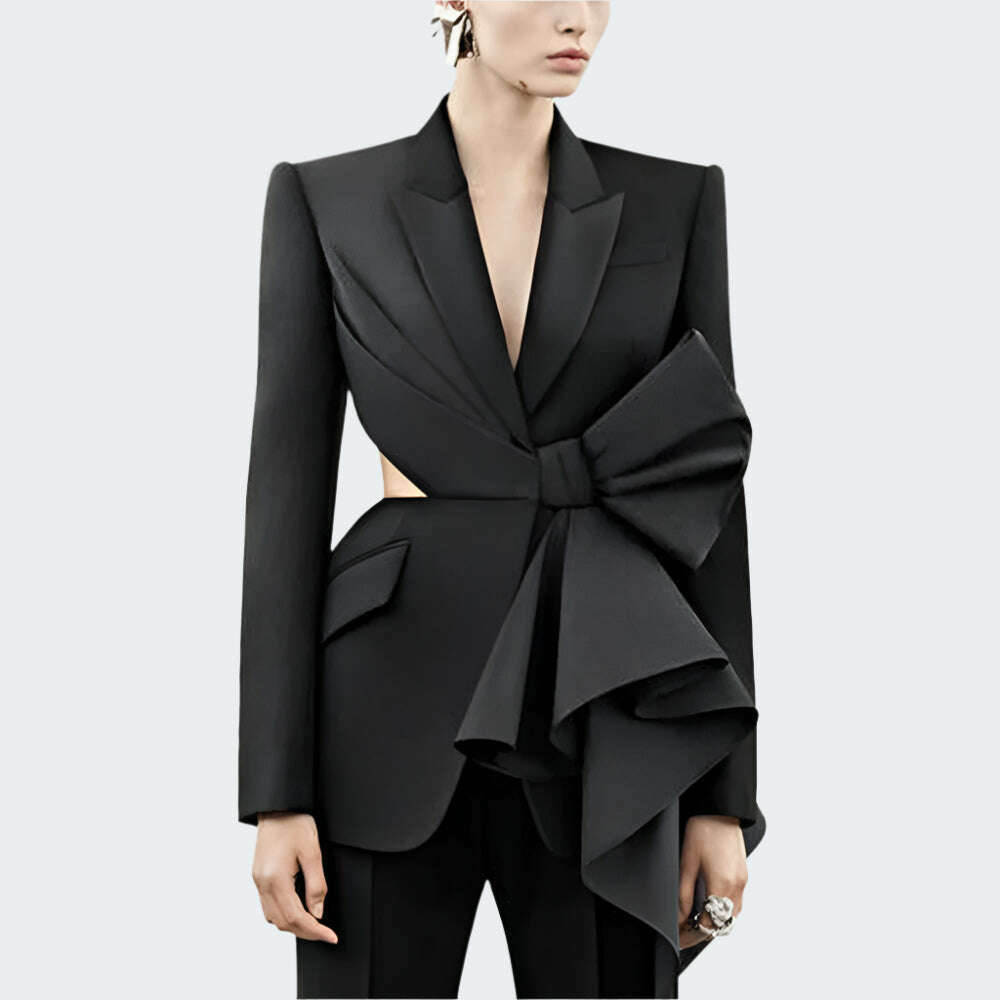 TWOTWINSTYLE Solid Spliced Bowknot Hollow Out Blazer For Women Notched Collar Long Sleeve Tunic Temperament Blazers Female New