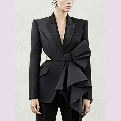TWOTWINSTYLE Solid Spliced Bowknot Hollow Out Blazer For Women Notched Collar Long Sleeve Tunic Temperament Blazers Female New