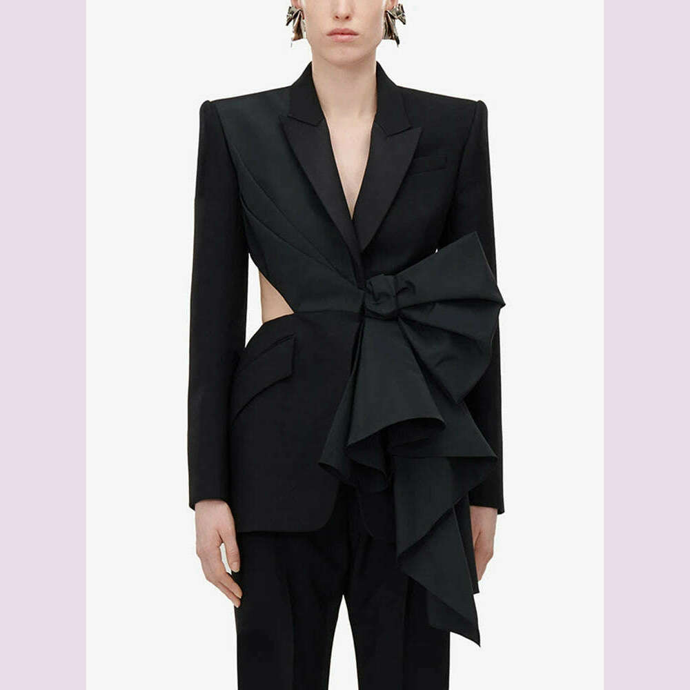 TWOTWINSTYLE Solid Spliced Bowknot Hollow Out Blazer For Women Notched Collar Long Sleeve Tunic Temperament Blazers Female New