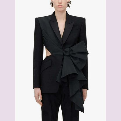 TWOTWINSTYLE Solid Spliced Bowknot Hollow Out Blazer For Women Notched Collar Long Sleeve Tunic Temperament Blazers Female New