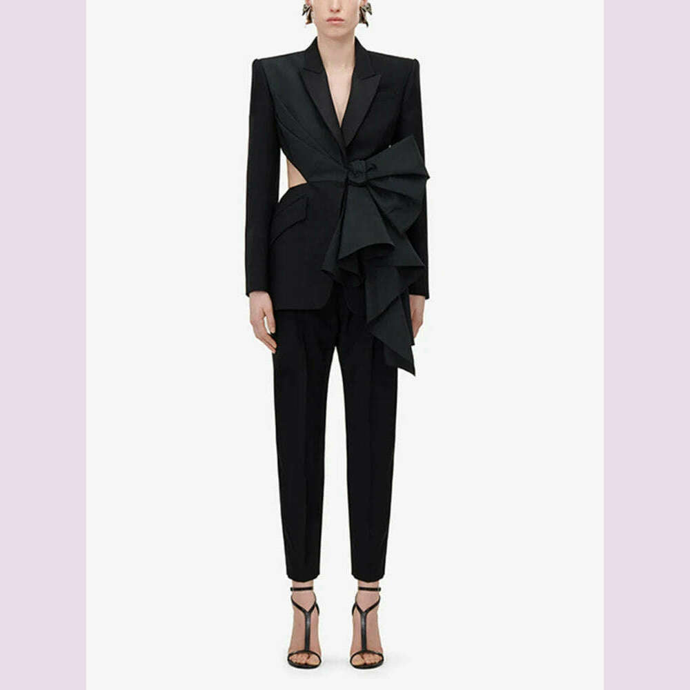 TWOTWINSTYLE Solid Spliced Bowknot Hollow Out Blazer For Women Notched Collar Long Sleeve Tunic Temperament Blazers Female New