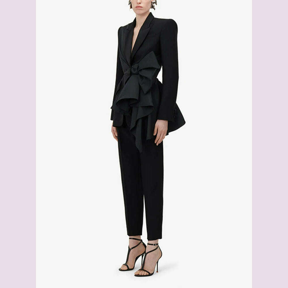 TWOTWINSTYLE Solid Spliced Bowknot Hollow Out Blazer For Women Notched Collar Long Sleeve Tunic Temperament Blazers Female New
