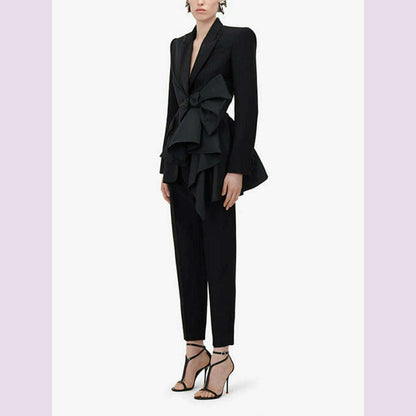 TWOTWINSTYLE Solid Spliced Bowknot Hollow Out Blazer For Women Notched Collar Long Sleeve Tunic Temperament Blazers Female New