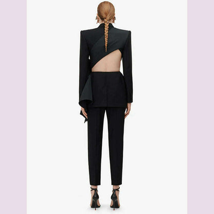 TWOTWINSTYLE Solid Spliced Bowknot Hollow Out Blazer For Women Notched Collar Long Sleeve Tunic Temperament Blazers Female New