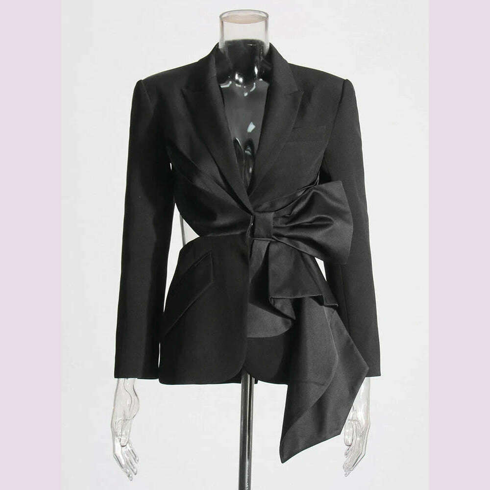 TWOTWINSTYLE Solid Spliced Bowknot Hollow Out Blazer For Women Notched Collar Long Sleeve Tunic Temperament Blazers Female New