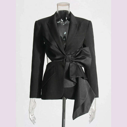TWOTWINSTYLE Solid Spliced Bowknot Hollow Out Blazer For Women Notched Collar Long Sleeve Tunic Temperament Blazers Female New