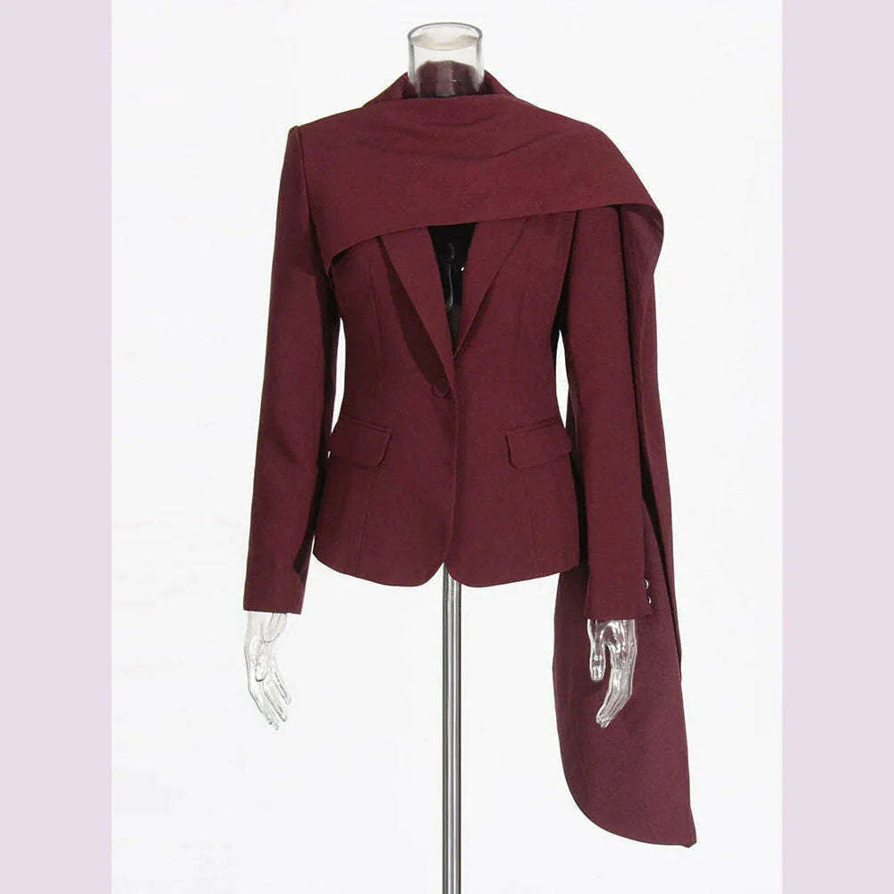 TWOTWINSTYLE Solid Spliced Pockets Jackets For Women Scarf Collar Long Sleeve Temperament Designer Coats Female Fashion Style