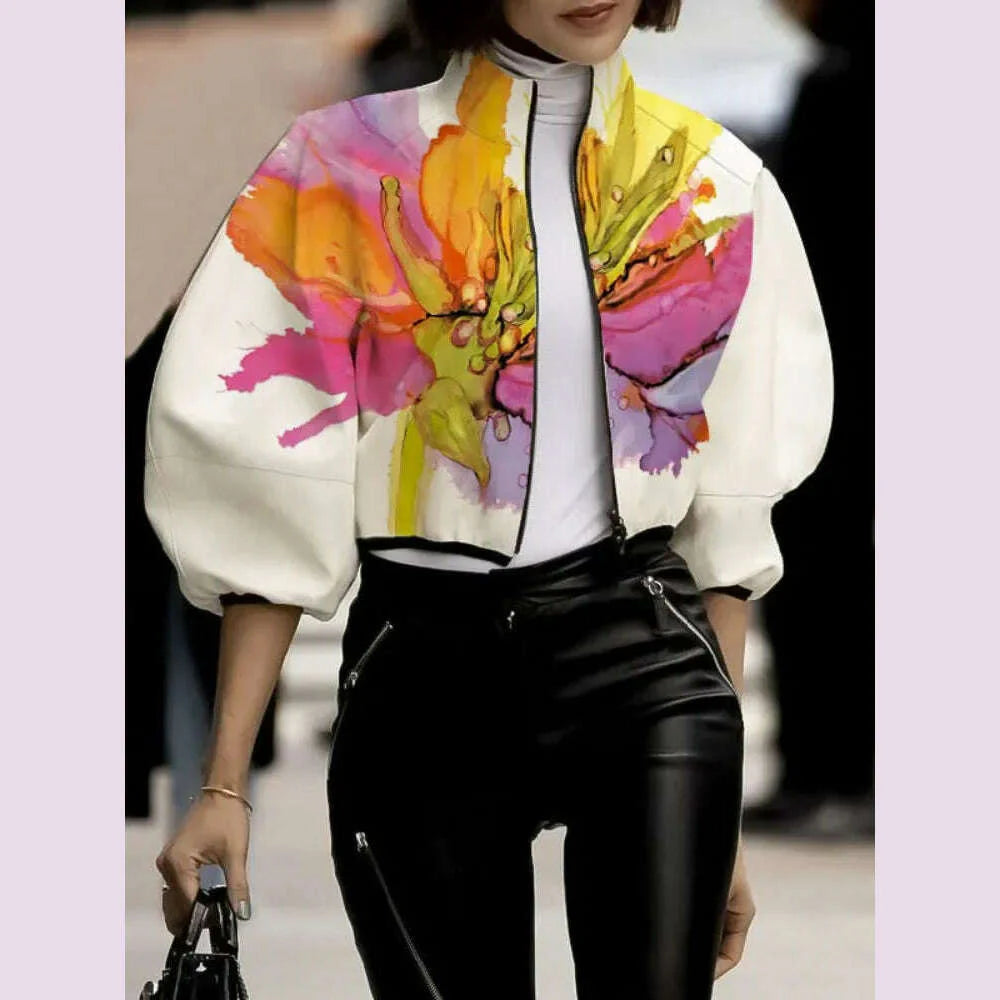 UOOZEE 2024 New Autumn Women Stand Collar Jackets Fashion Elegant Floral Printed Puff Sleeves Loose Fit Casual Outerwears