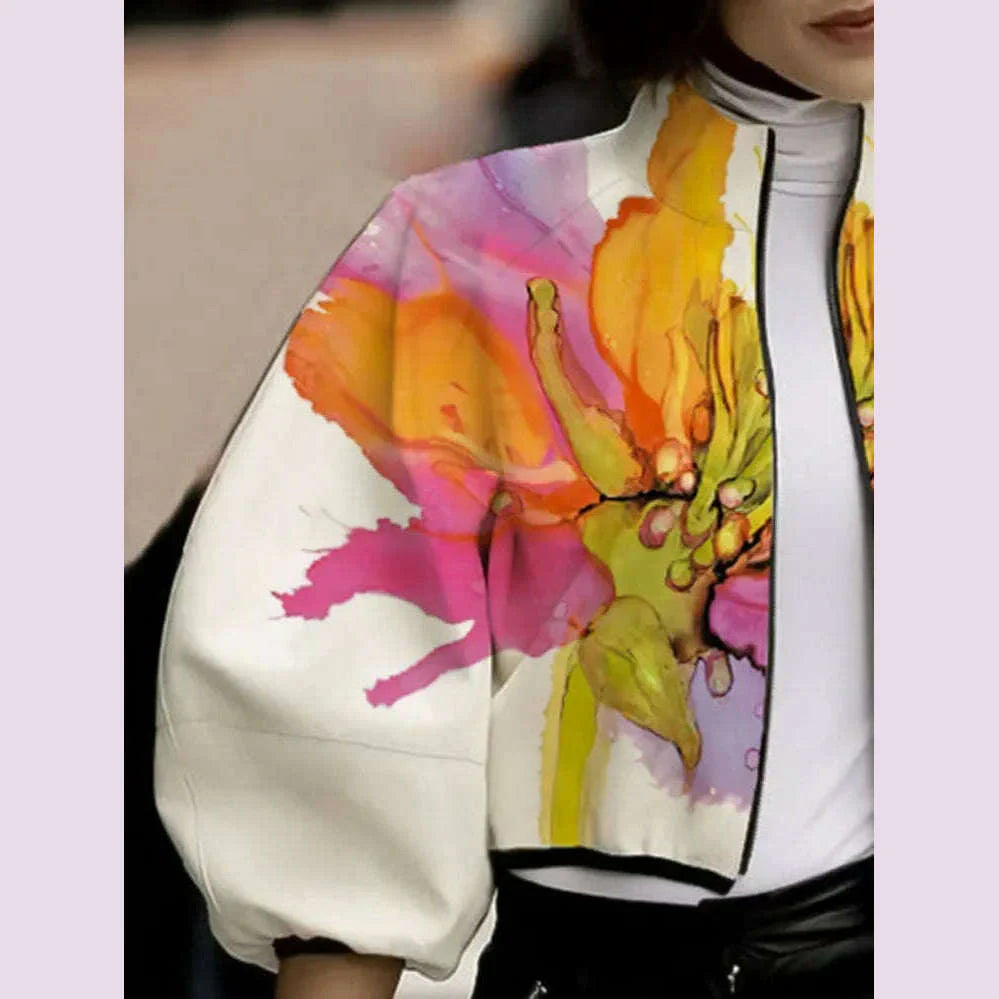 UOOZEE 2024 New Autumn Women Stand Collar Jackets Fashion Elegant Floral Printed Puff Sleeves Loose Fit Casual Outerwears