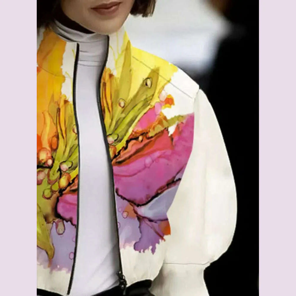 UOOZEE 2024 New Autumn Women Stand Collar Jackets Fashion Elegant Floral Printed Puff Sleeves Loose Fit Casual Outerwears